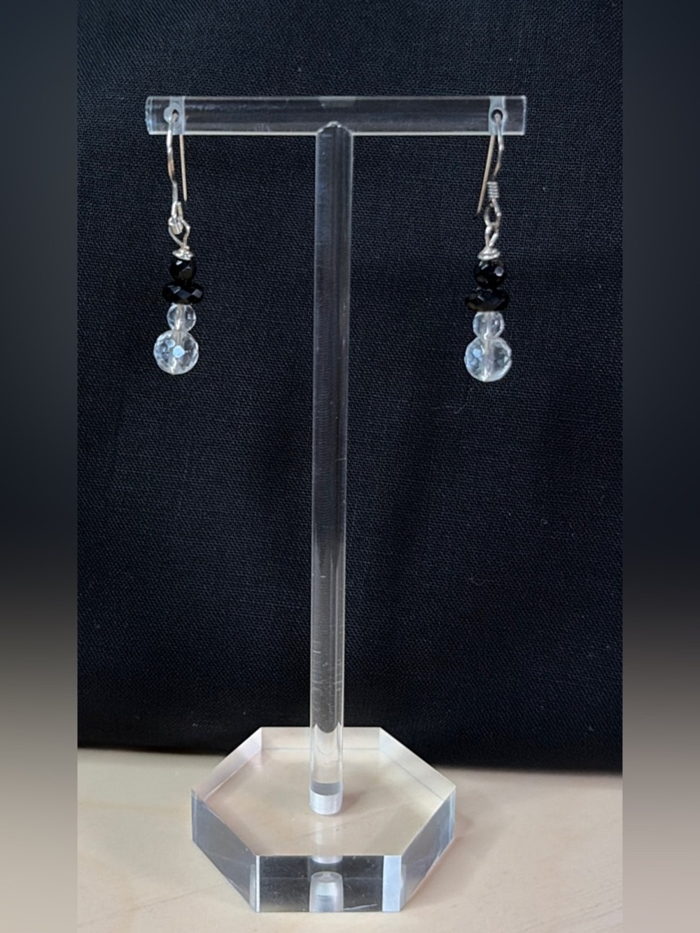 Sterling Silver Onyx and Crystal Artisan Hand Crafted Dangle Earrings - Picture 2 of 7